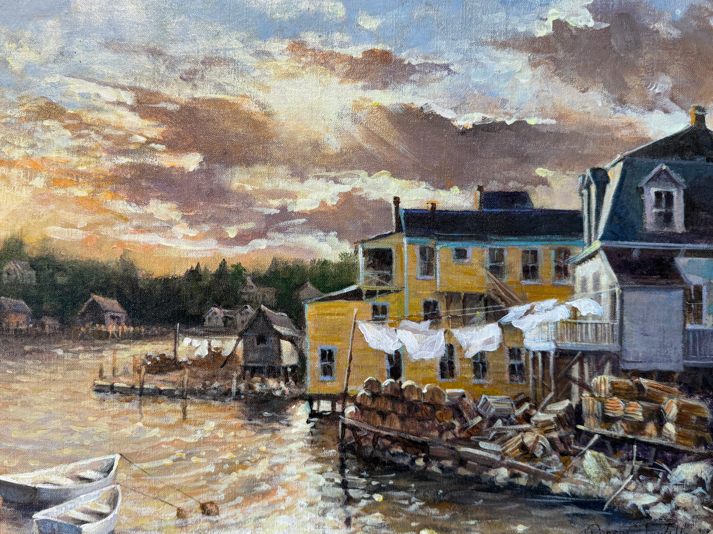 Robert Luvall Sea Breeze Sunlit Harborside Town Oil Painting in Gold Frame