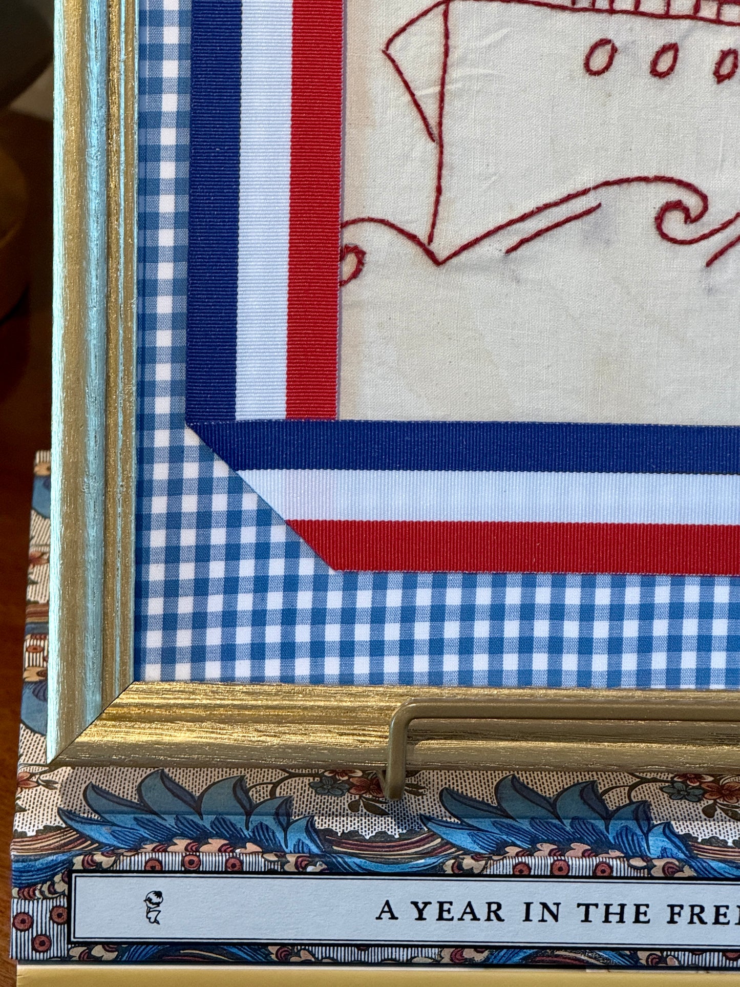 Early 20th Century Redwork Embroidery Ship on Blue Gingham in Gold Frame