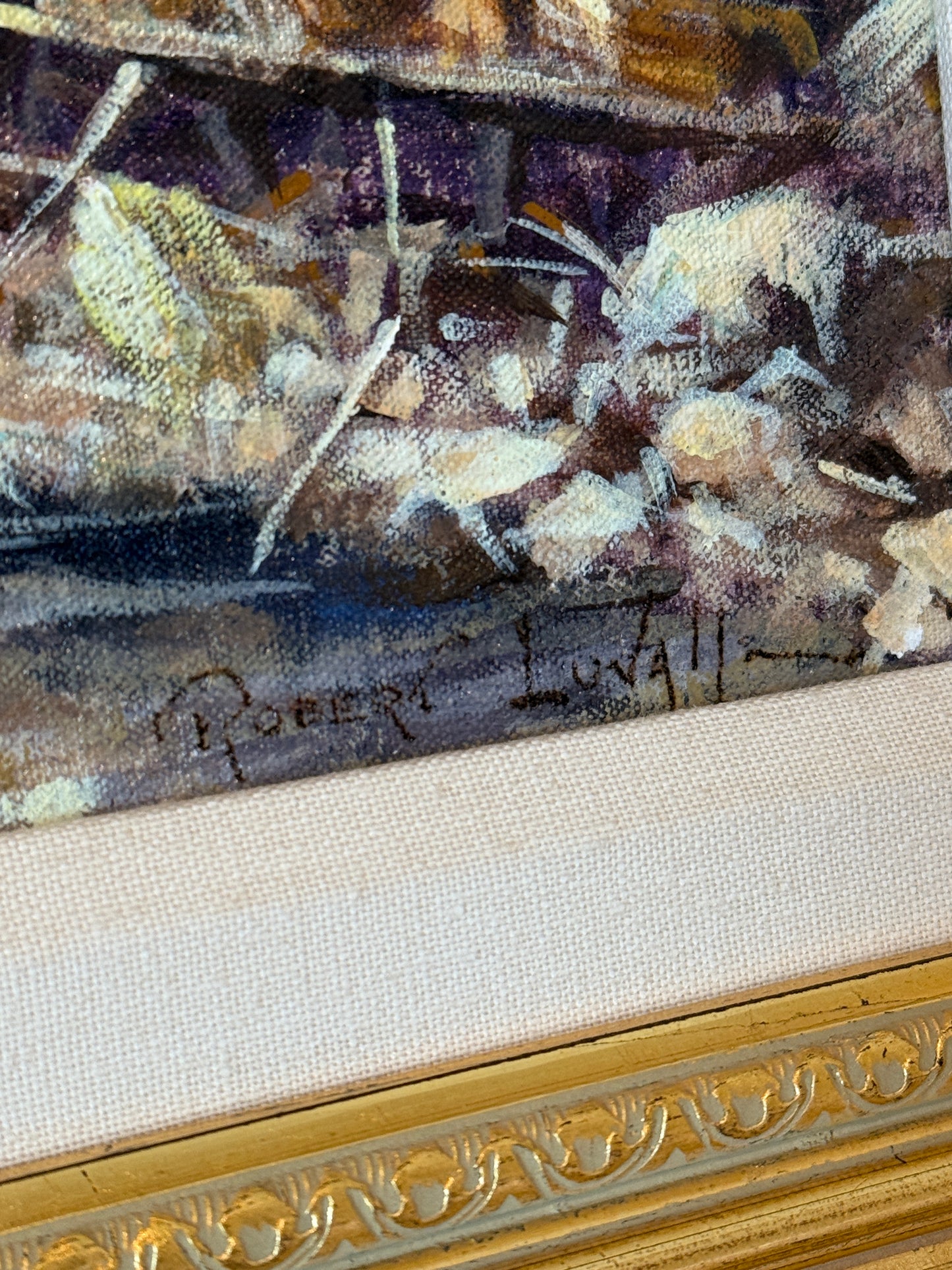 Robert Luvall Sea Breeze Sunlit Harborside Town Oil Painting in Gold Frame