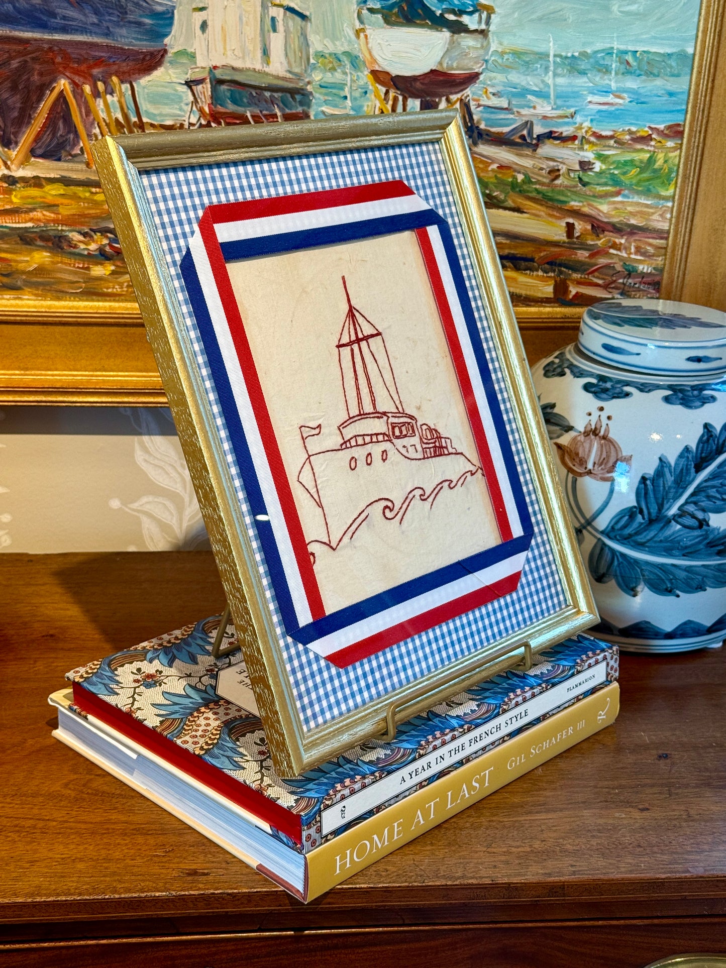 Early 20th Century Redwork Embroidery Ship on Blue Gingham in Gold Frame