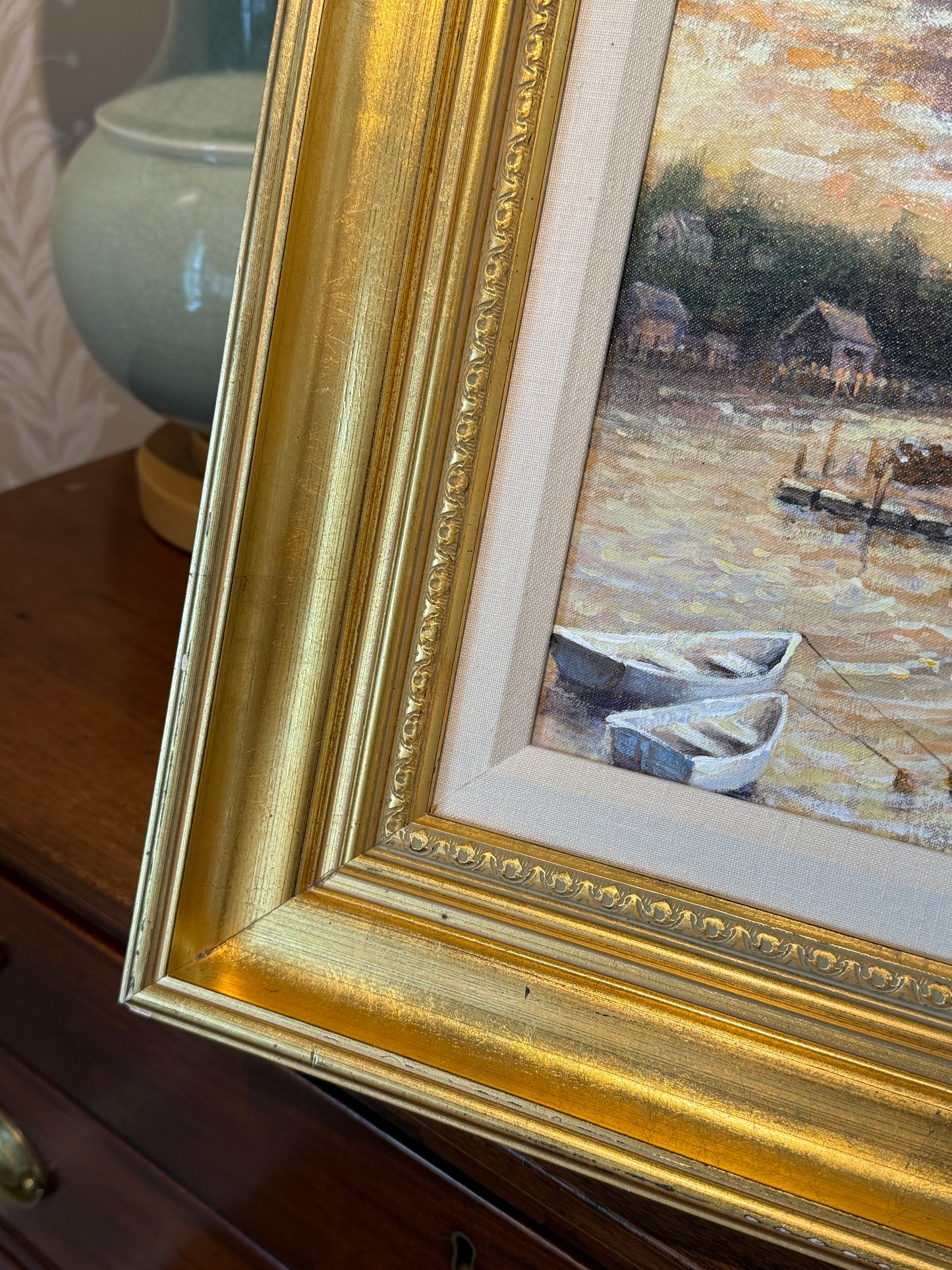 Robert Luvall Sea Breeze Sunlit Harborside Town Oil Painting in Gold Frame