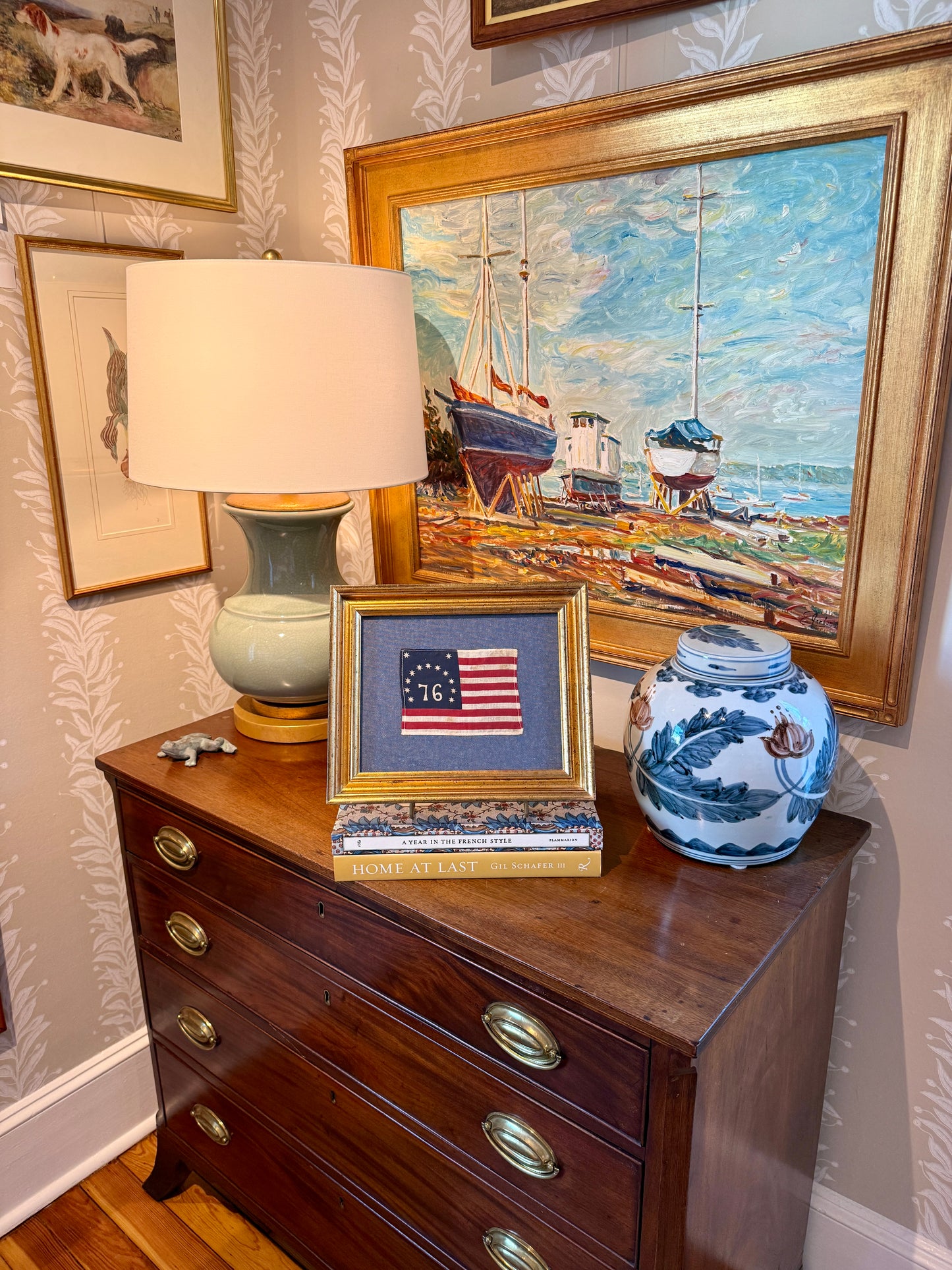 Vintage American Bennington Bicentennial Parade Flag on Blue Twill in Deep Gold Frame