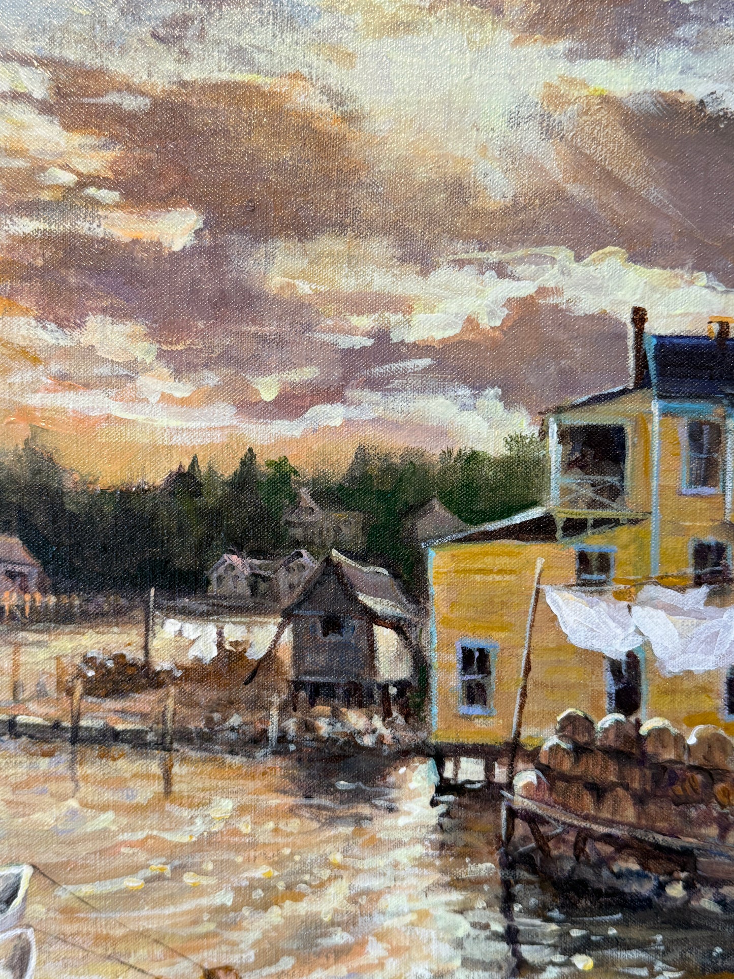 Robert Luvall Sea Breeze Sunlit Harborside Town Oil Painting in Gold Frame