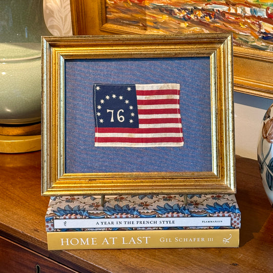 Vintage American Bennington Bicentennial Parade Flag on Blue Twill in Deep Gold Frame