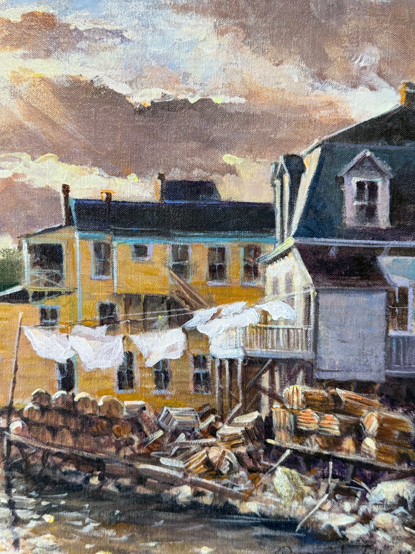 Robert Luvall Sea Breeze Sunlit Harborside Town Oil Painting in Gold Frame