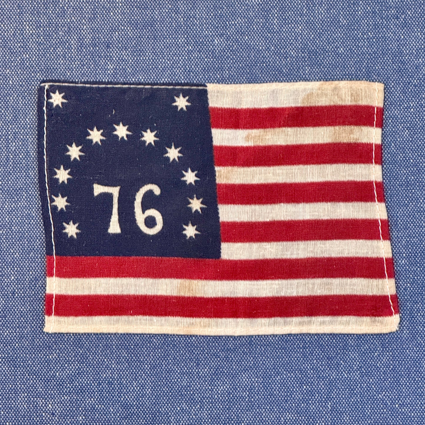 Vintage American Bennington Bicentennial Parade Flag on Blue Twill in Deep Gold Frame