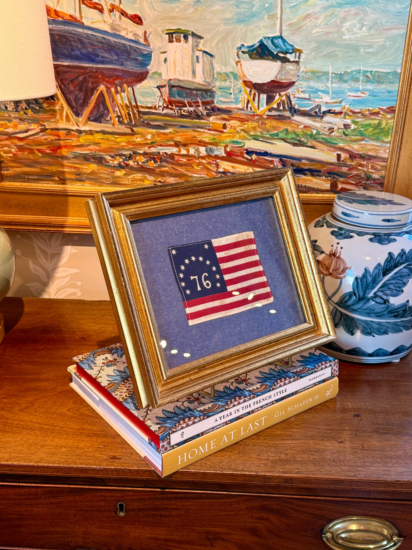 Vintage American Bennington Bicentennial Parade Flag on Blue Twill in Deep Gold Frame