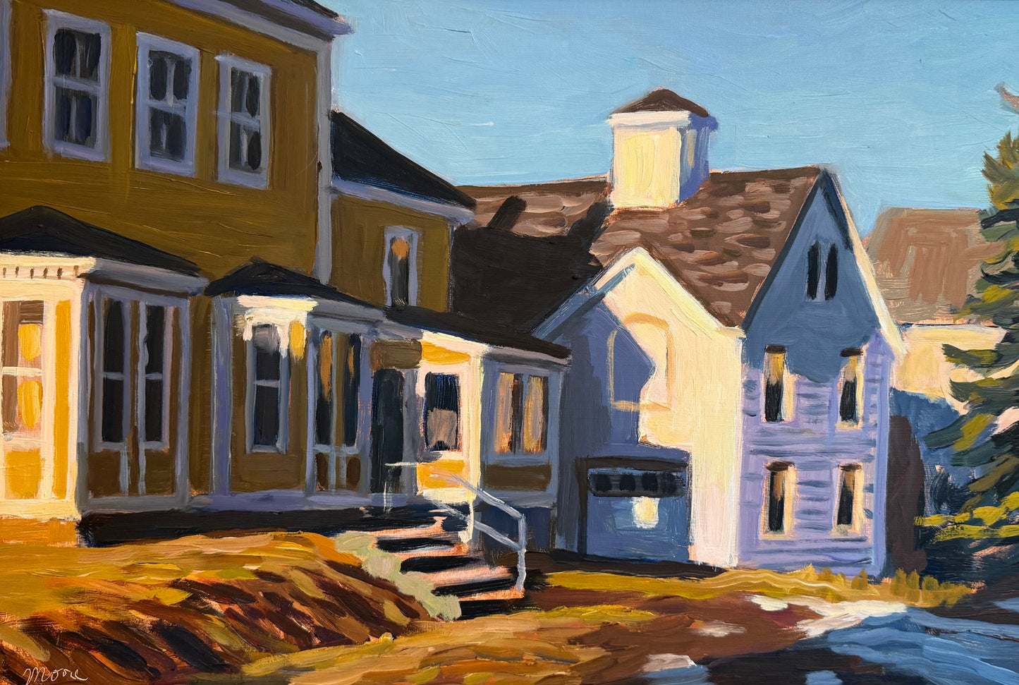 Scott Moore Rambler Colorful Houses Landscape Oil Painting in Gold Frame