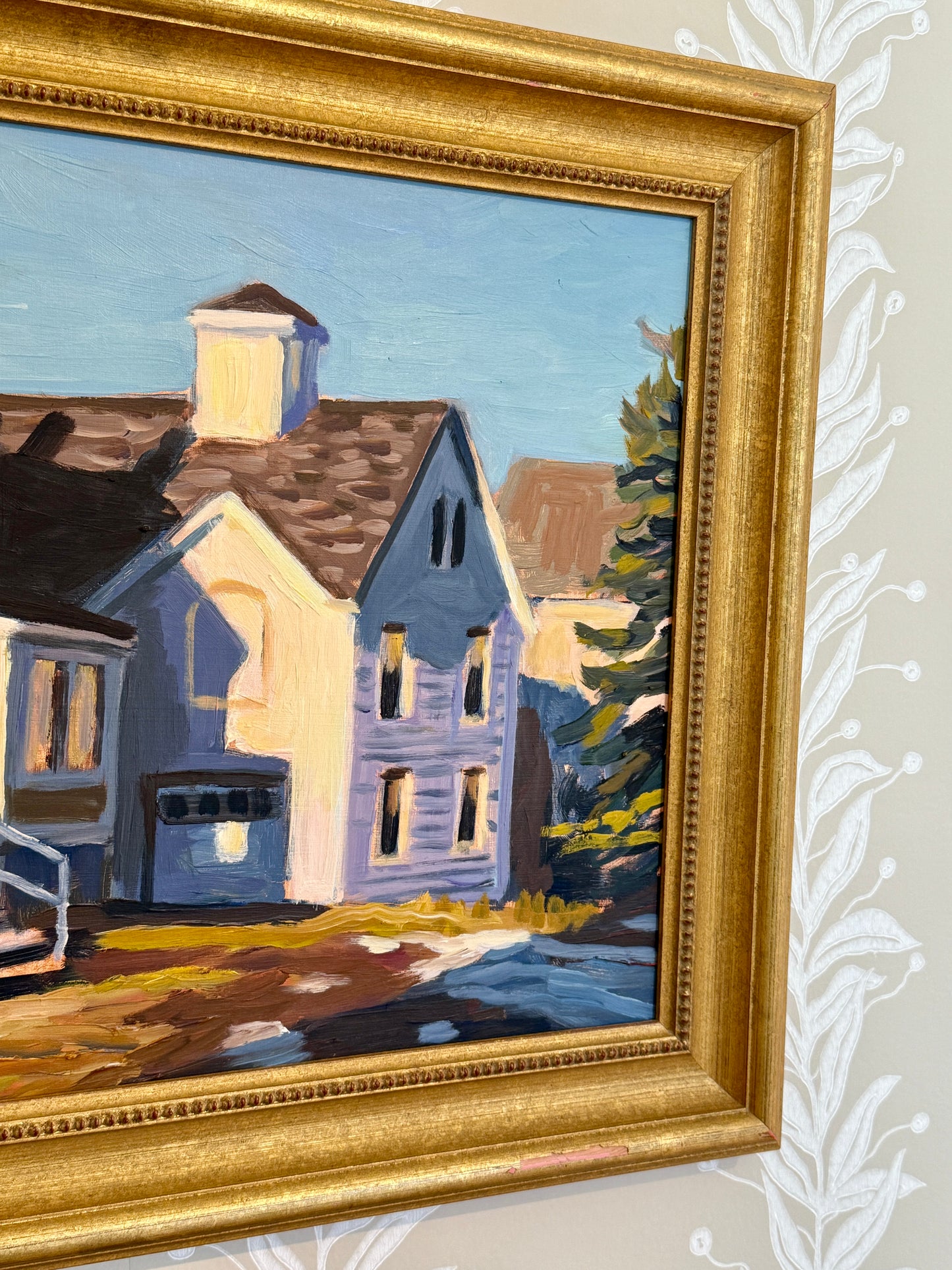 Scott Moore Rambler Colorful Houses Landscape Oil Painting in Gold Frame