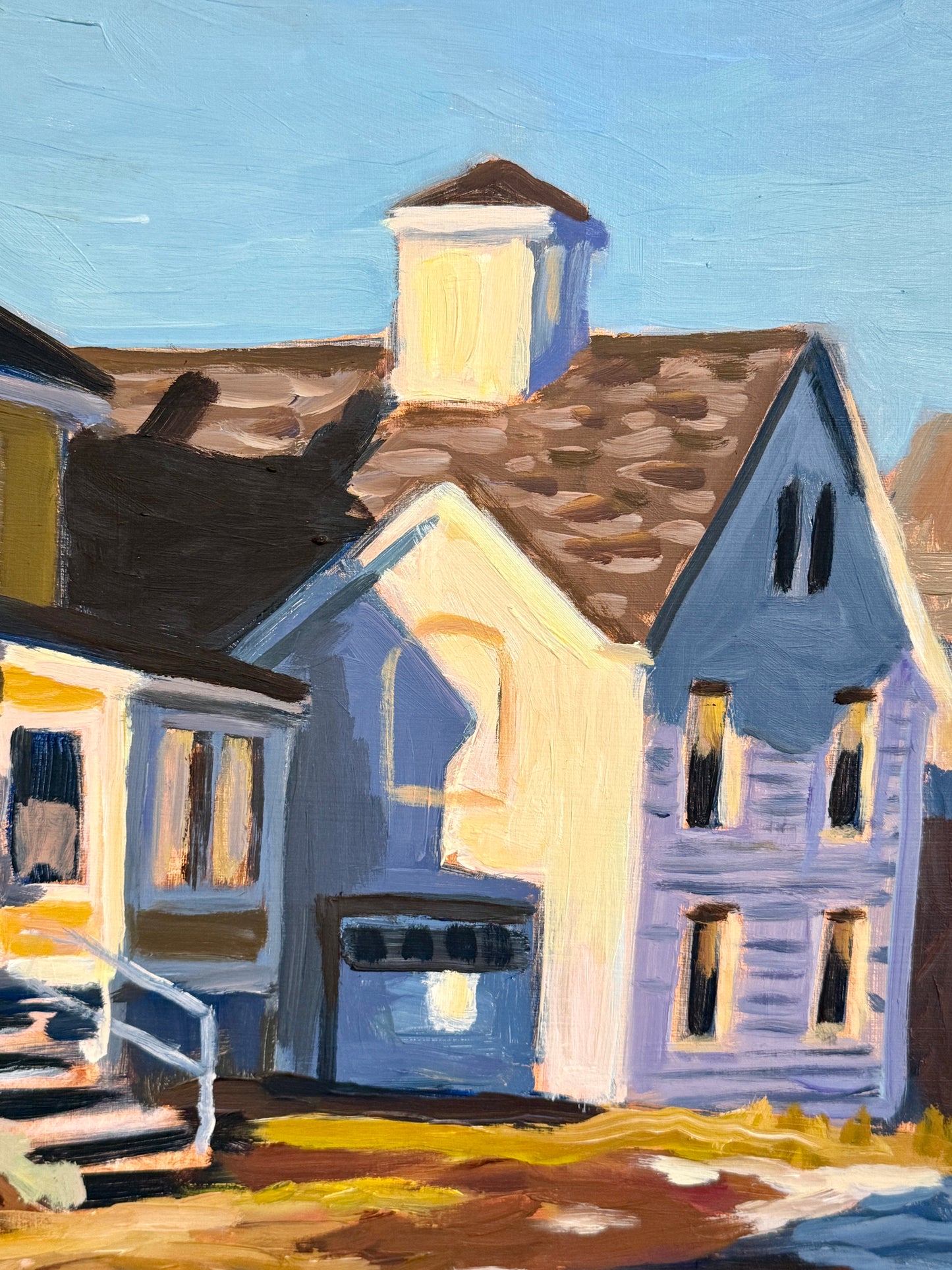 Scott Moore Rambler Colorful Houses Landscape Oil Painting in Gold Frame