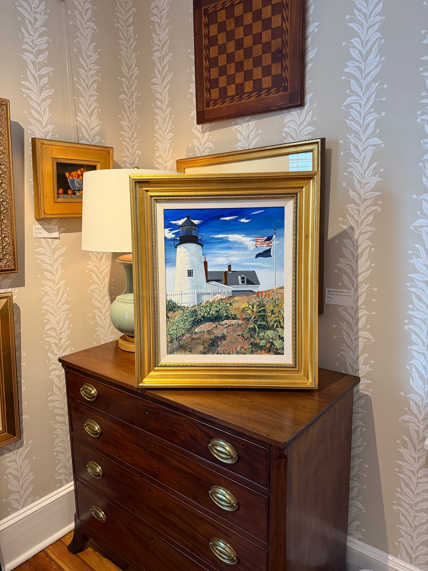 Deborah Beckwith Winship Pemaquid Light Lighthouse Portrait Oil Painting in Gold Frame