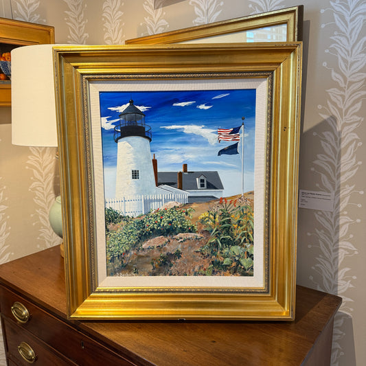 Deborah Beckwith Winship Pemaquid Light Lighthouse Portrait Oil Painting in Gold Frame
