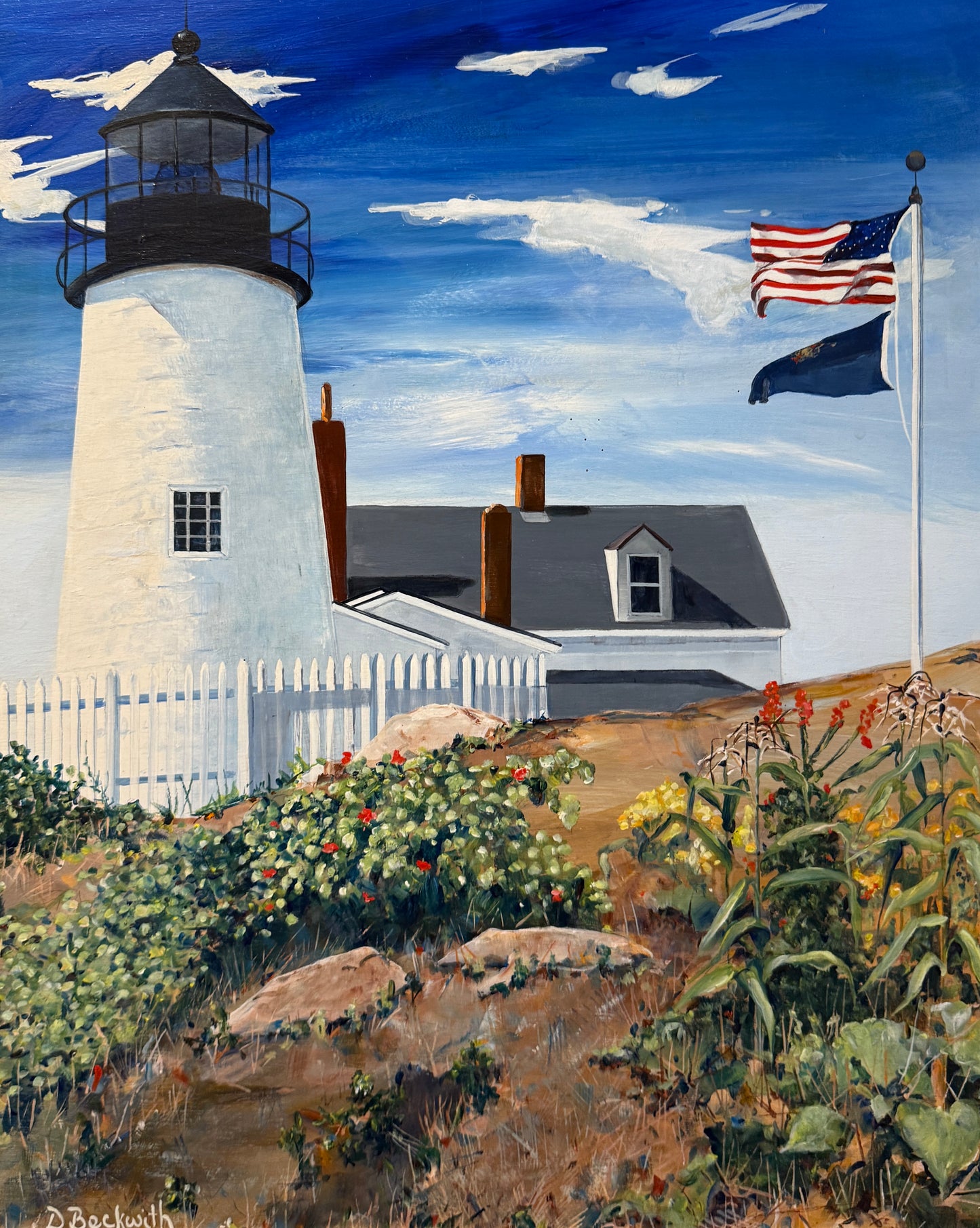 Deborah Beckwith Winship Pemaquid Light Lighthouse Portrait Oil Painting in Gold Frame