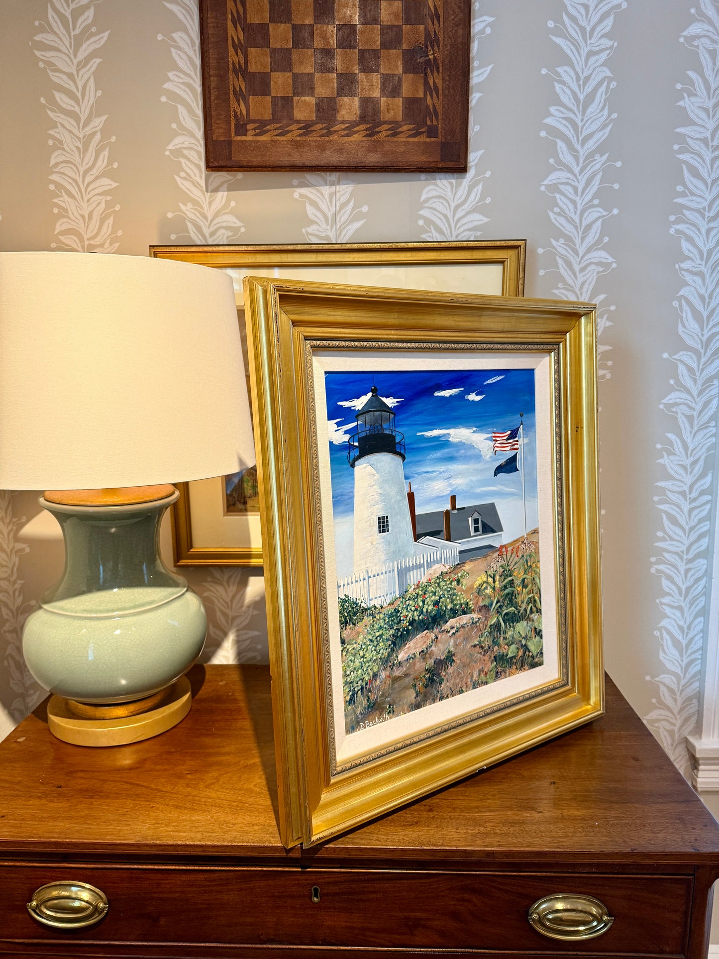 Deborah Beckwith Winship Pemaquid Light Lighthouse Portrait Oil Painting in Gold Frame