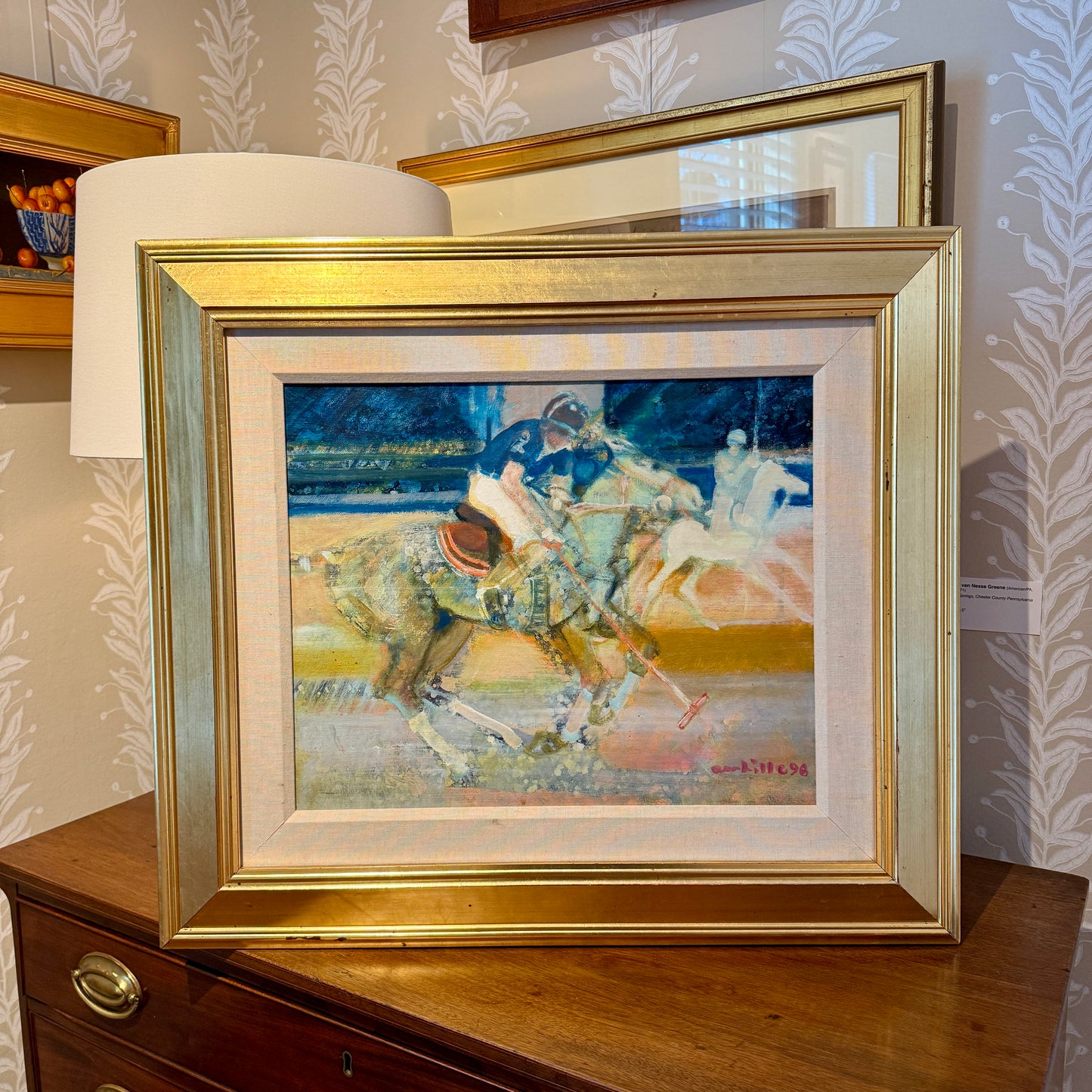 Paul Ambille Le Poloistes Polo Horse and Rider Oil Painting in Gold Frame