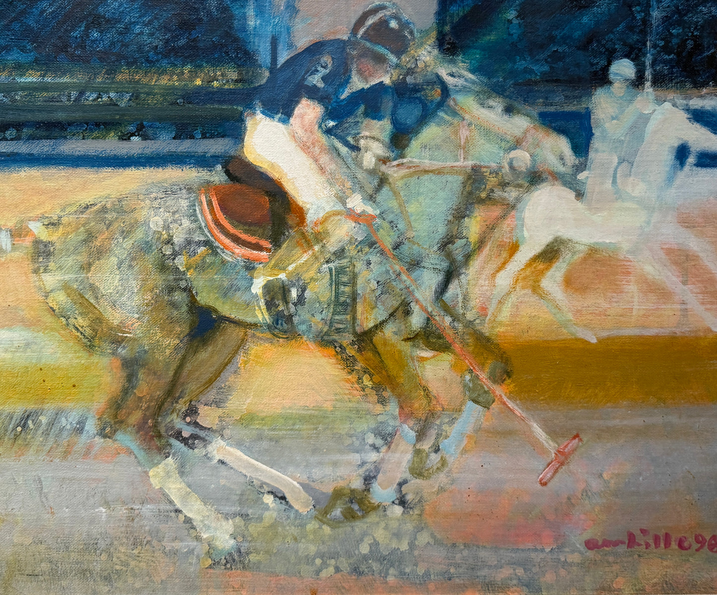 Paul Ambille Le Poloistes Polo Horse and Rider Oil Painting in Gold Frame