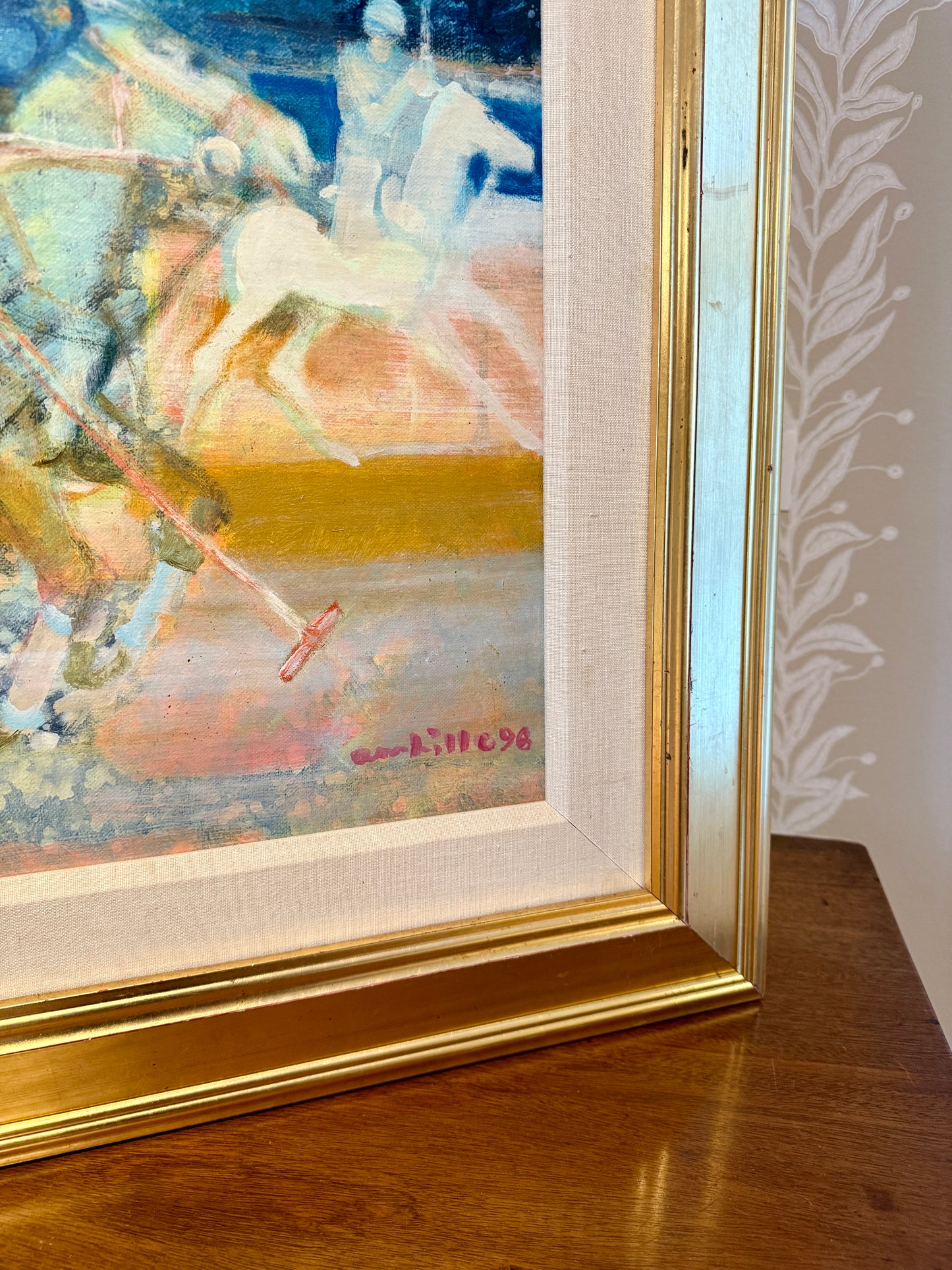 Paul Ambille Le Poloistes Polo Horse and Rider Oil Painting in Gold Frame