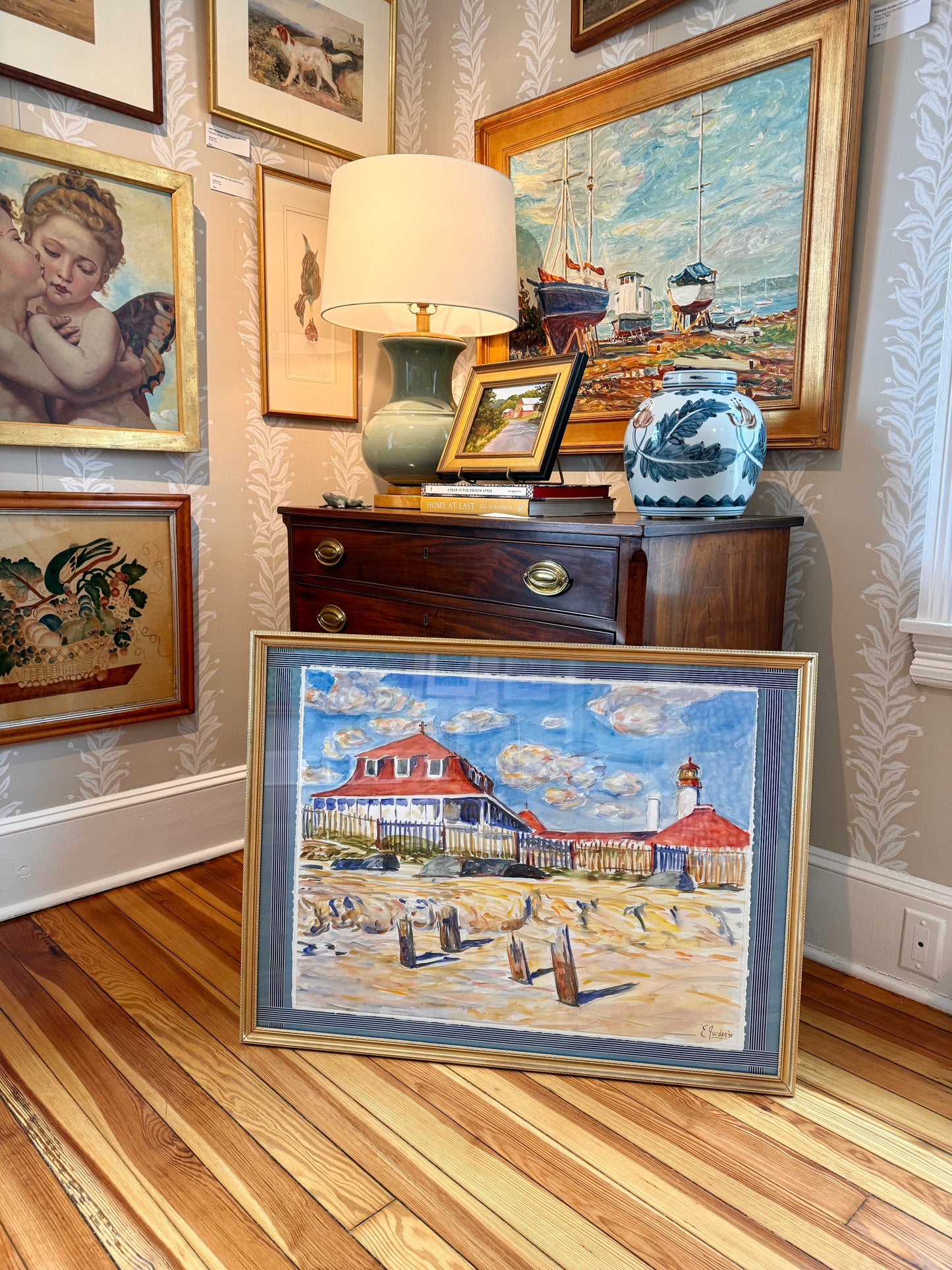 Edmund Jordan St. Mary by the Sea Cape May Watercolor Painting in Gold Frame