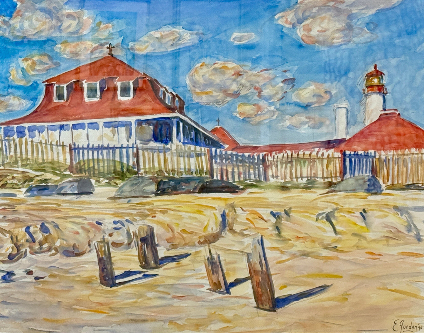Edmund Jordan St. Mary by the Sea Cape May Watercolor Painting in Gold Frame