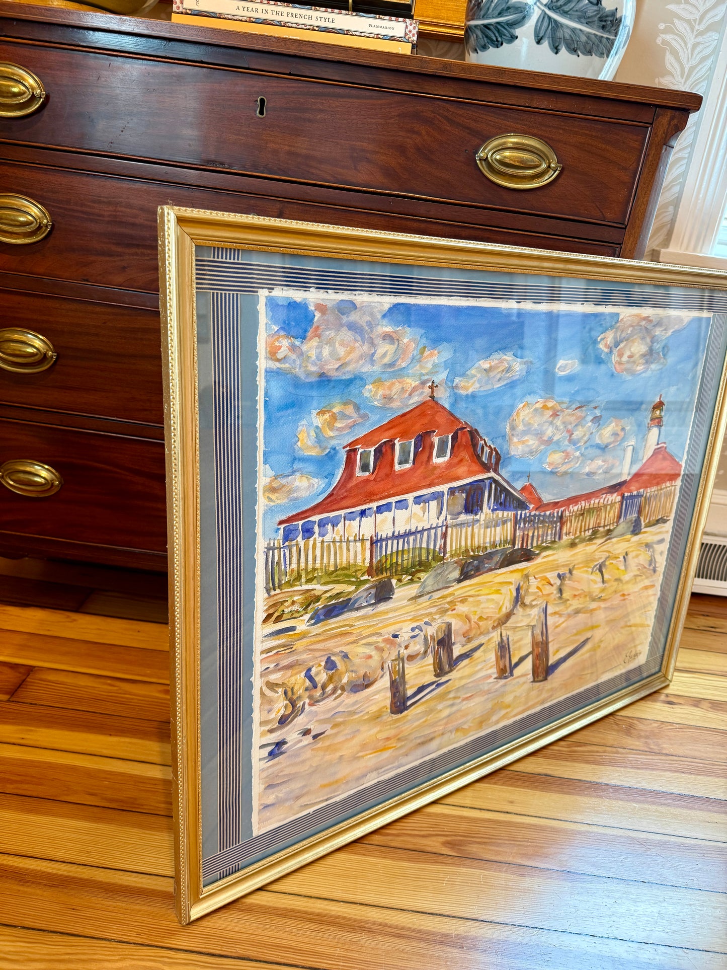 Edmund Jordan St. Mary by the Sea Cape May Watercolor Painting in Gold Frame