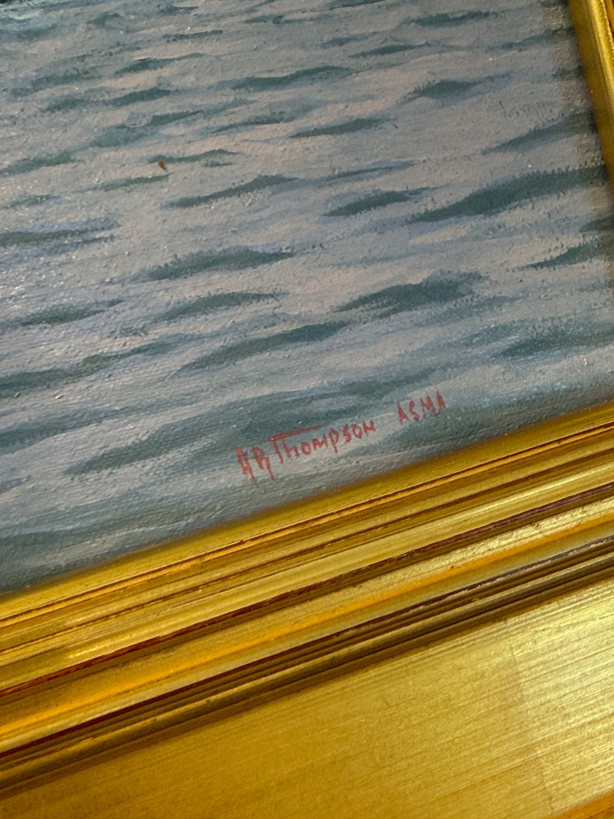 Anthony R. Thompson Passing Gurnet Point Plymouth MA Coastal Lighthouse Landscape Oil Painting in Gold Frame