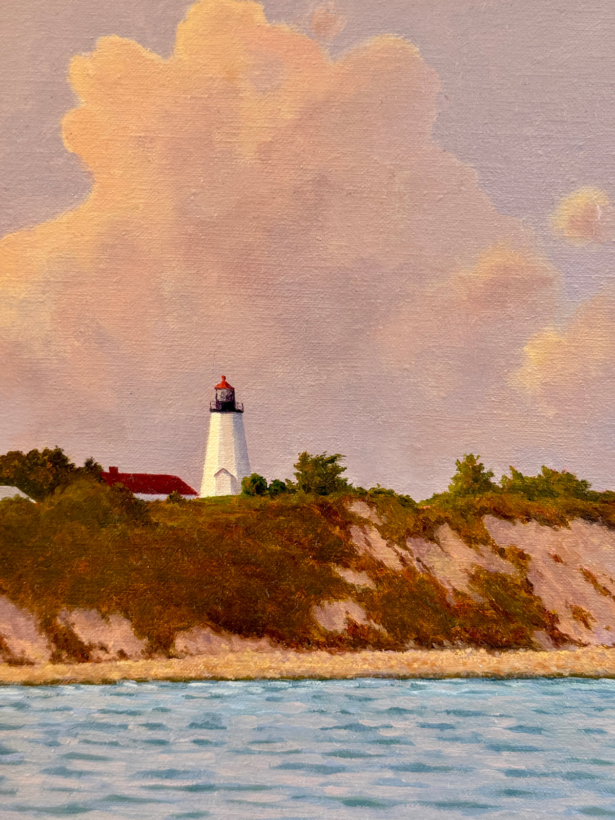 Anthony R. Thompson Passing Gurnet Point Plymouth MA Coastal Lighthouse Landscape Oil Painting in Gold Frame