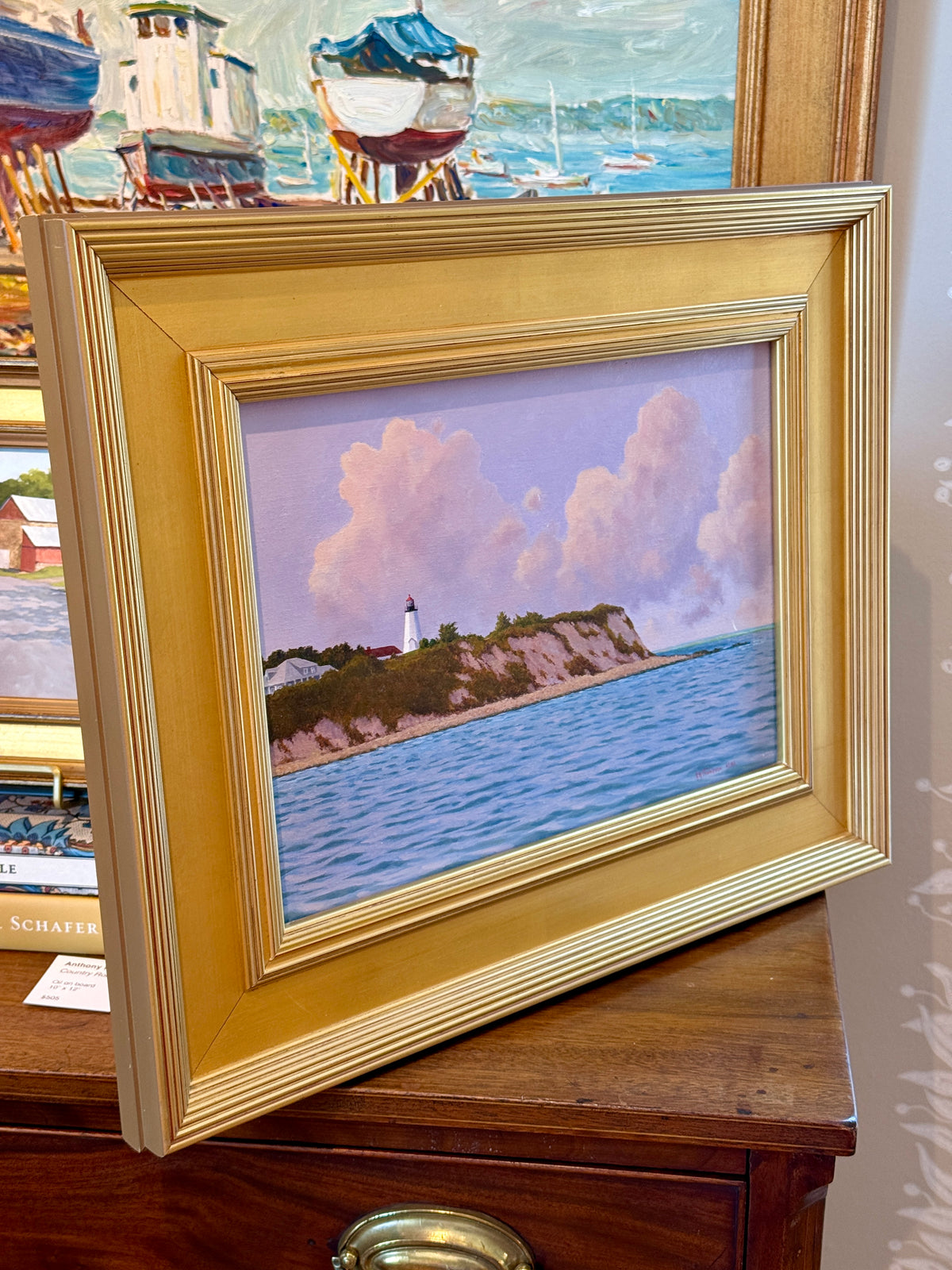 Anthony R. Thompson Passing Gurnet Point Plymouth MA Coastal Lighthouse Landscape Oil Painting in Gold Frame