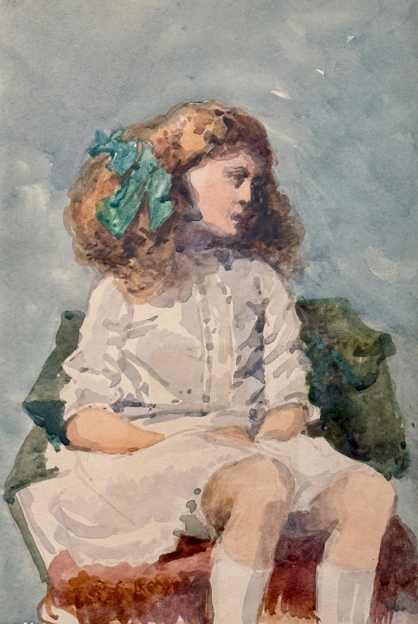 Thomas Simpson Early 20th Century Portrait of A Young Redhead Girl Watercolor Painting in Silver Frame