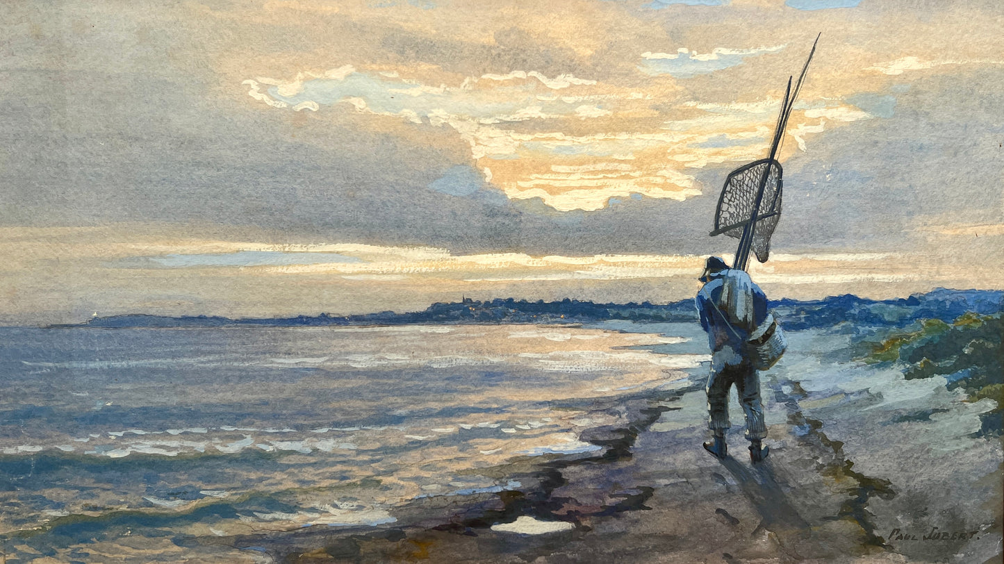 Paul Jobert (French, 1863-1942) Morning Catch Fisherman Watercolor in Gold Frame
