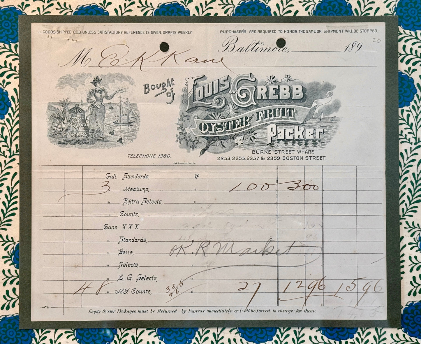 1890's Receipt From The Louis Grebb Oyster & Fruit Co. of Baltimore in Vintage Gold Frame