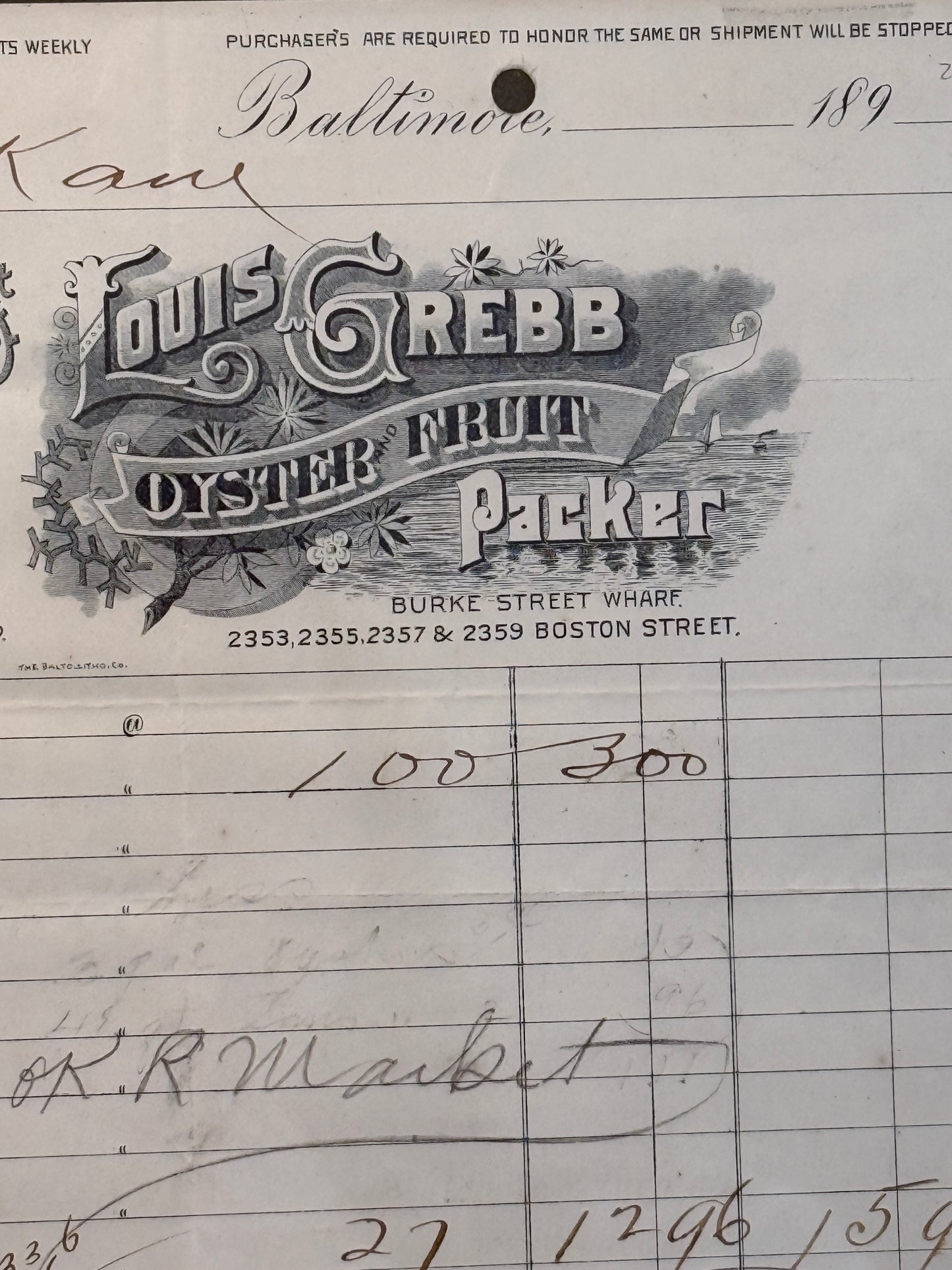 1890's Receipt From The Louis Grebb Oyster & Fruit Co. of Baltimore in Vintage Gold Frame