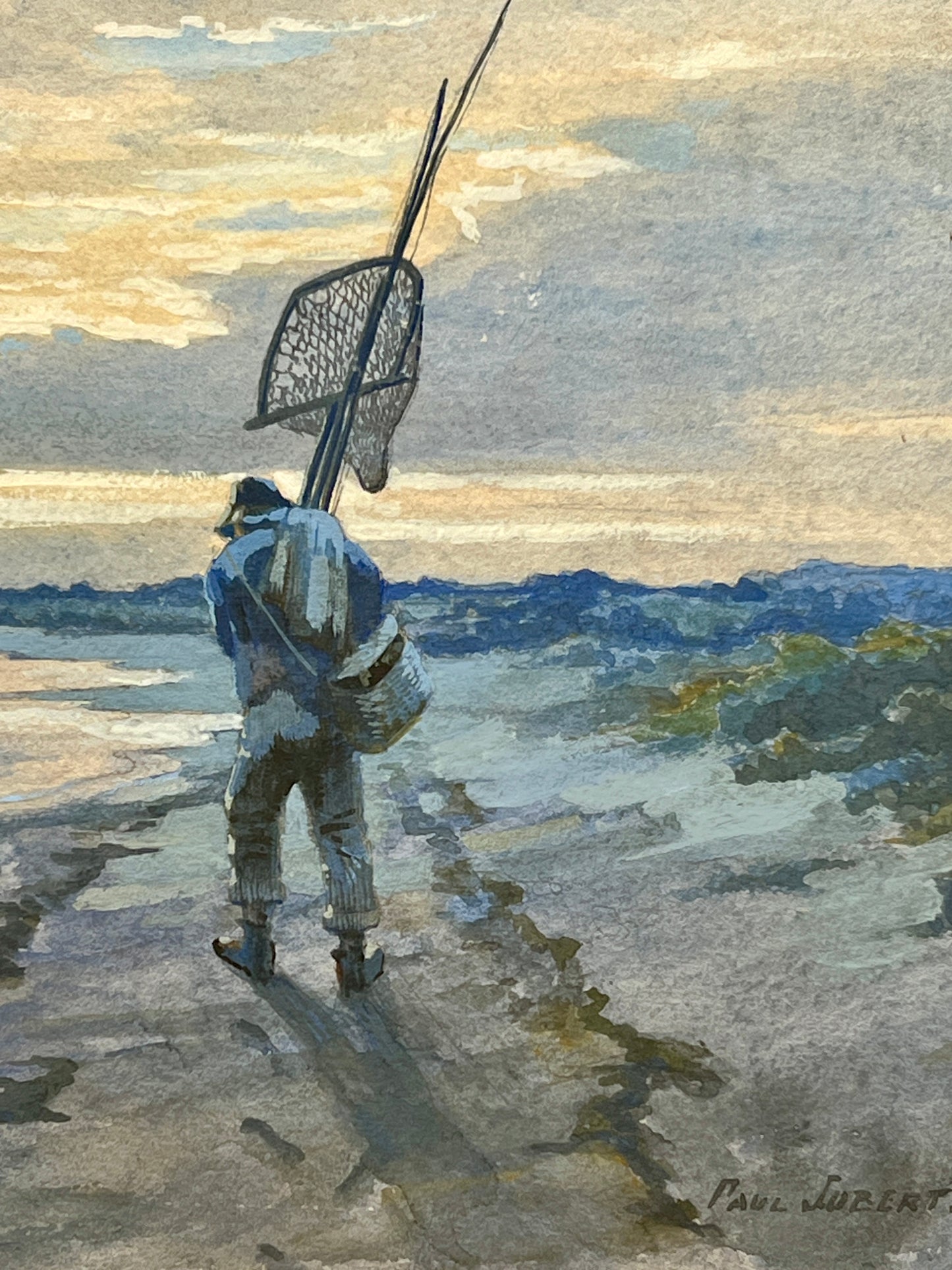 Paul Jobert (French, 1863-1942) Morning Catch Fisherman Watercolor in Gold Frame