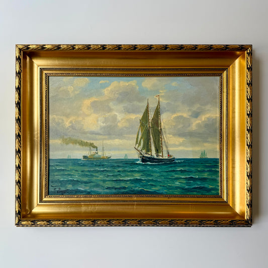 Frants George Carl Landt Sailboat and Steamship in Seascape Oil Painting in Laurel Leaf Gold Frame