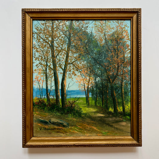 1936 Victor Shearer Path to the Lake Oil Painting in Antique Gold Frame