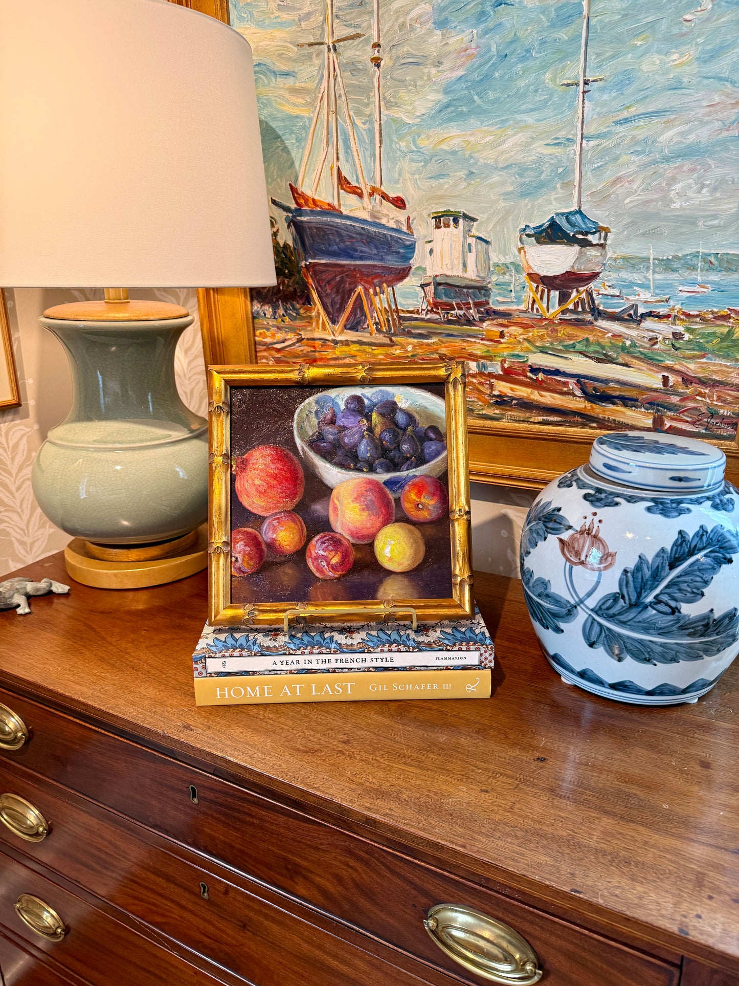 Youqing Wang Pomegranate, Peaches, Apple, Lemon and Figs in Blue and White Bowl Still Life Oil Painting in Gold Bamboo Frame