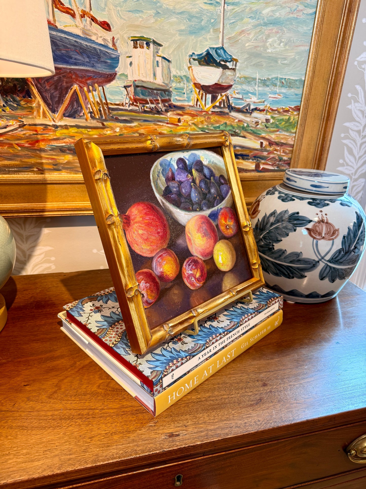 Youqing Wang Pomegranate, Peaches, Apple, Lemon and Figs in Blue and White Bowl Still Life Oil Painting in Gold Bamboo Frame
