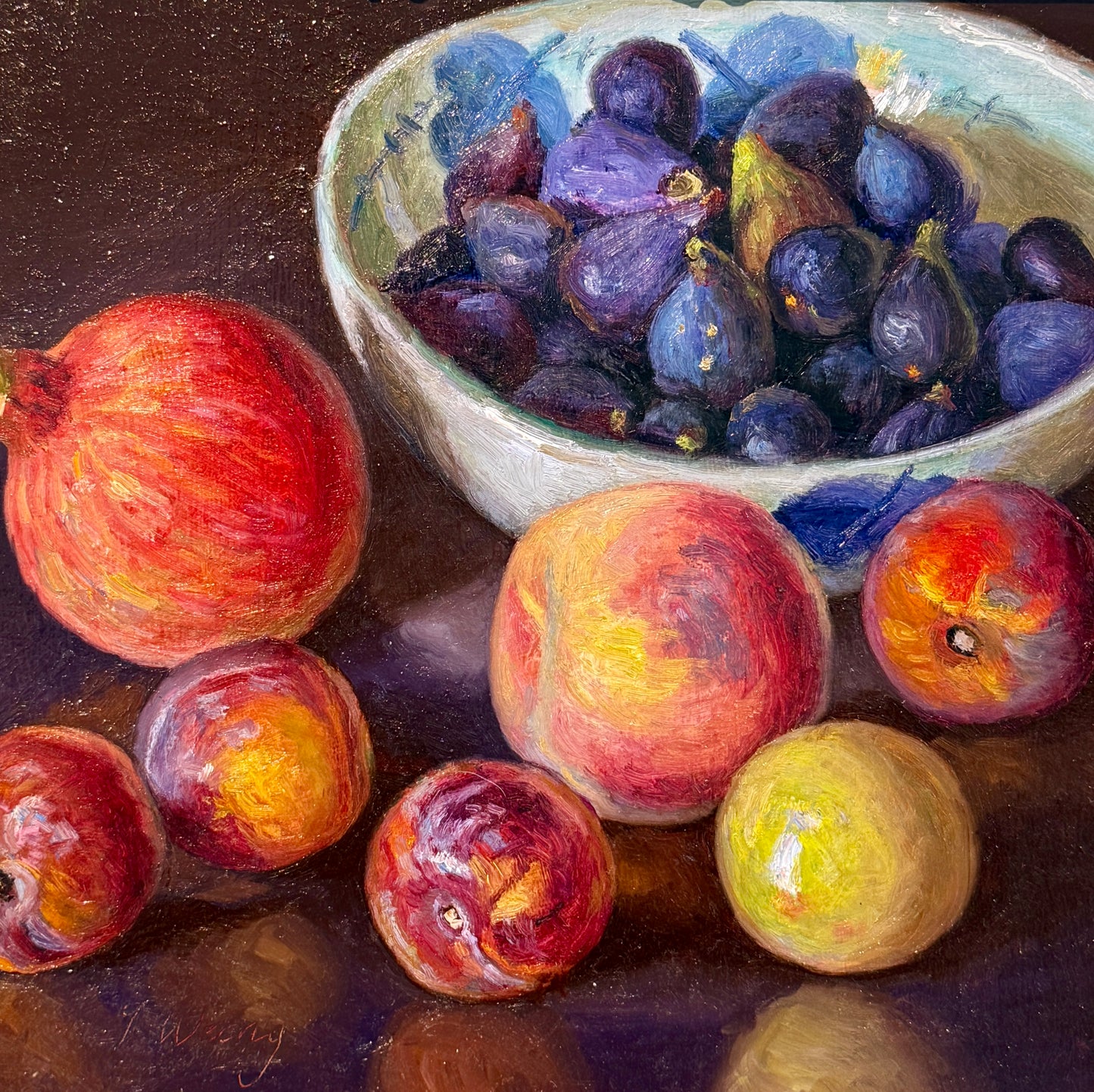 Youqing Wang Pomegranate, Peaches, Apple, Lemon and Figs in Blue and White Bowl Still Life Oil Painting in Gold Bamboo Frame