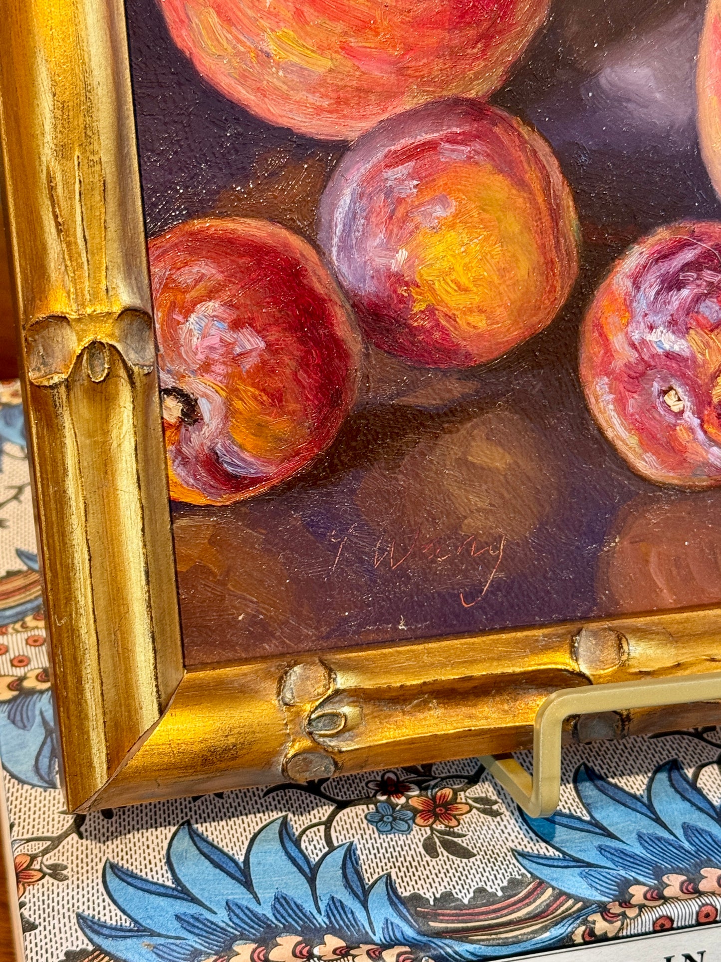 Youqing Wang Pomegranate, Peaches, Apple, Lemon and Figs in Blue and White Bowl Still Life Oil Painting in Gold Bamboo Frame