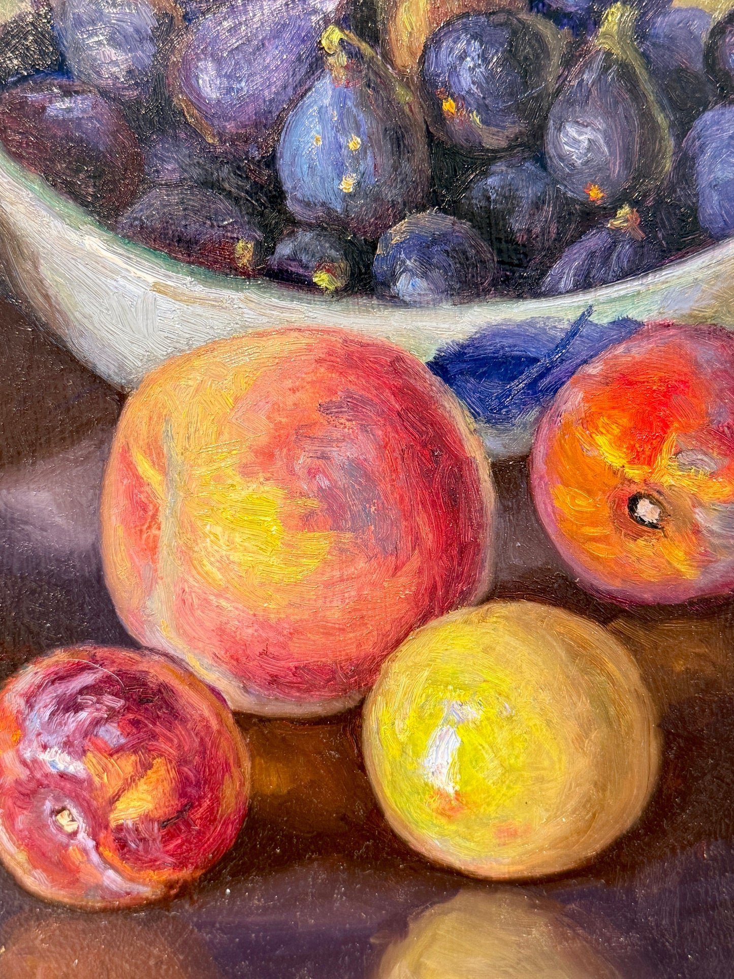 Youqing Wang Pomegranate, Peaches, Apple, Lemon and Figs in Blue and White Bowl Still Life Oil Painting in Gold Bamboo Frame