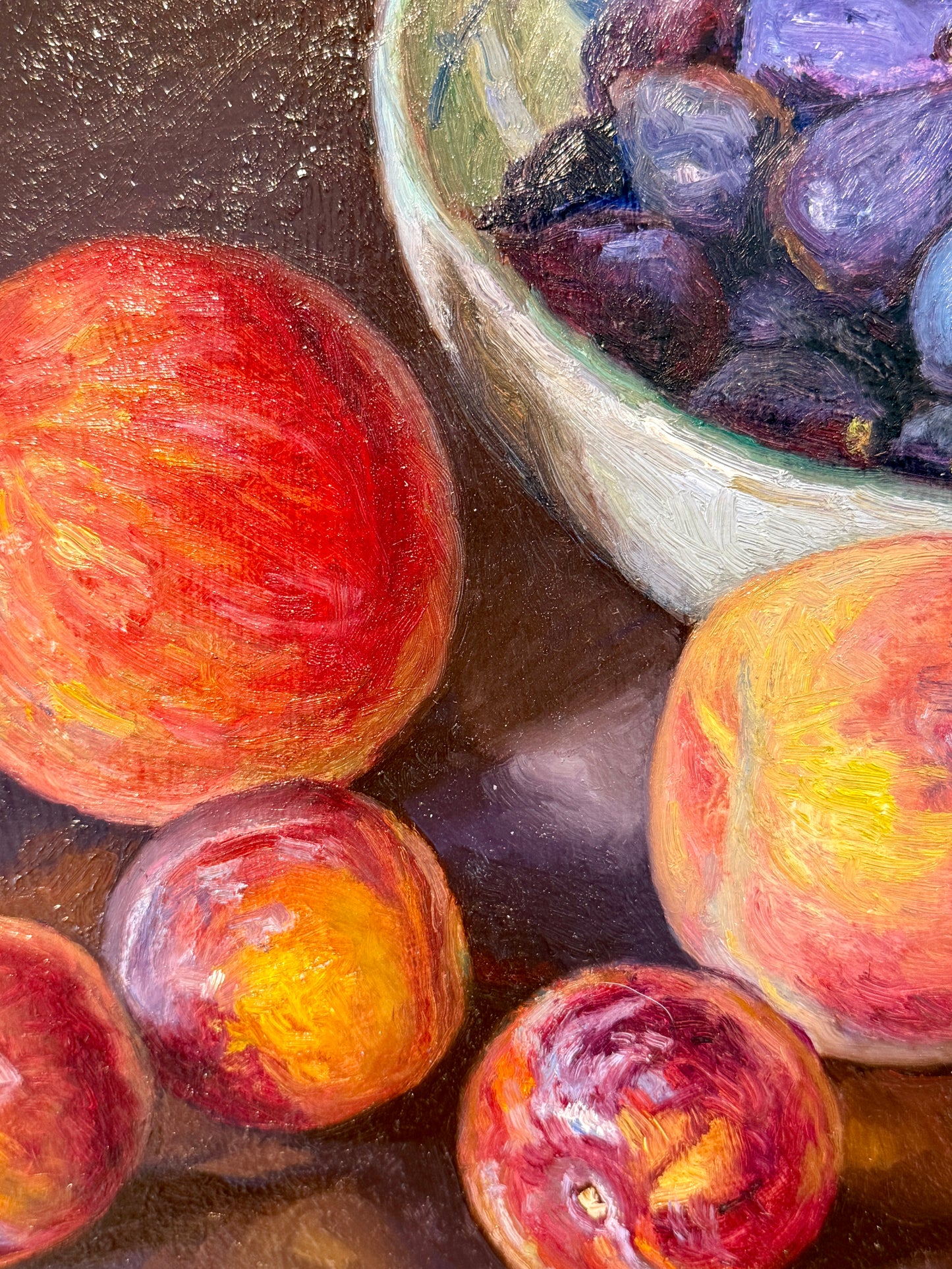 Youqing Wang Pomegranate, Peaches, Apple, Lemon and Figs in Blue and White Bowl Still Life Oil Painting in Gold Bamboo Frame