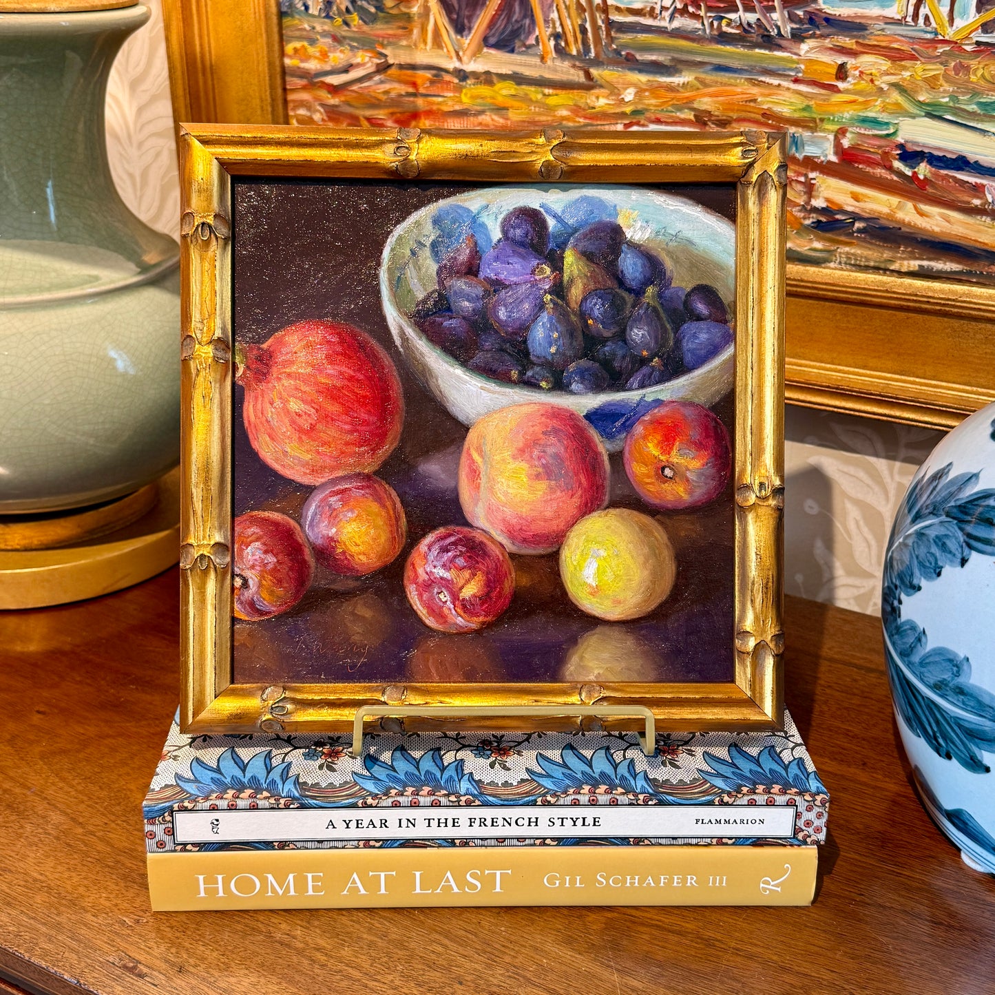 Youqing Wang Pomegranate, Peaches, Apple, Lemon and Figs in Blue and White Bowl Still Life Oil Painting in Gold Bamboo Frame