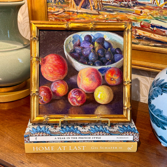 Youqing Wang Pomegranate, Peaches, Apple, Lemon and Figs in Blue and White Bowl Still Life Oil Painting in Gold Bamboo Frame