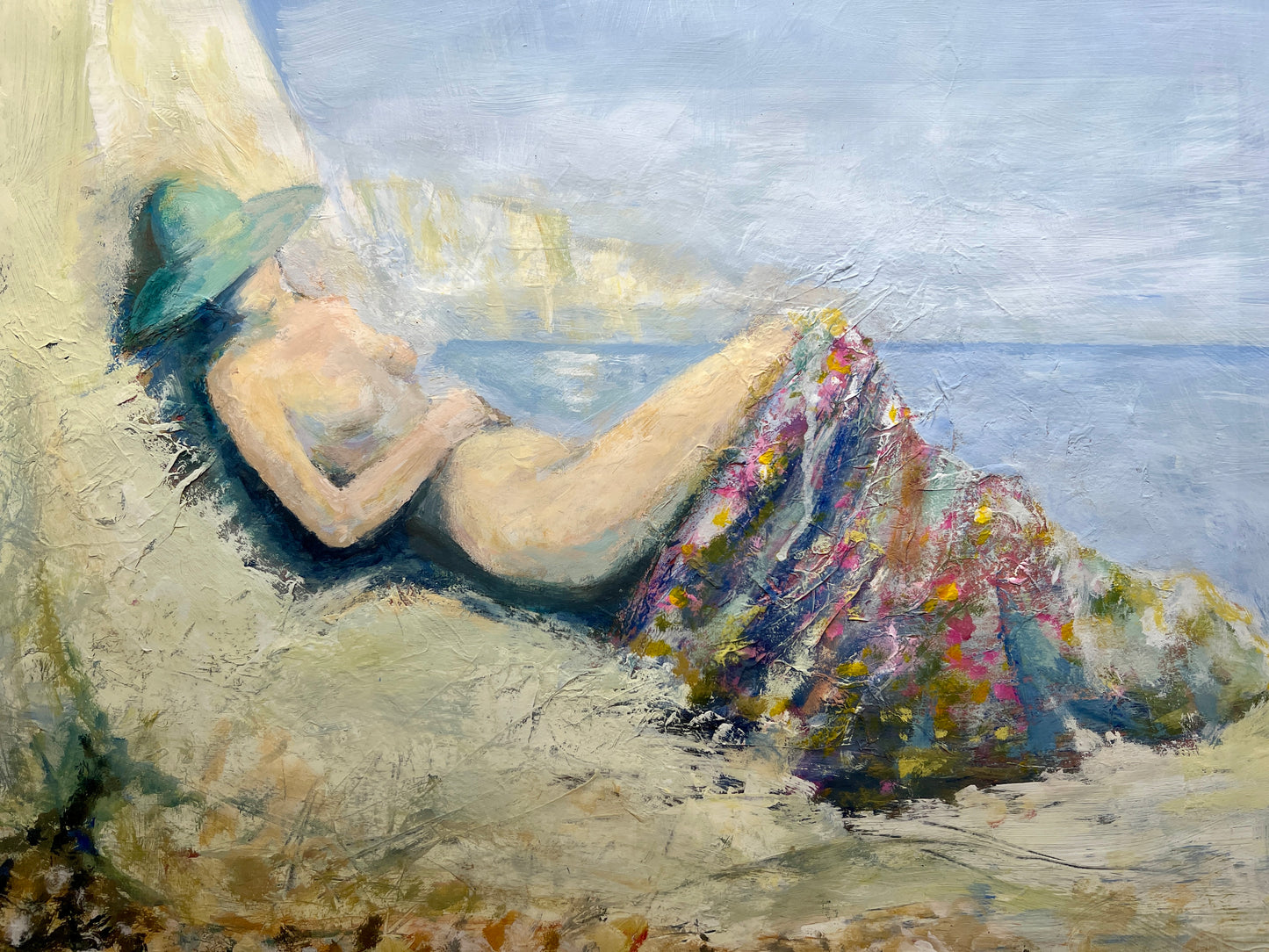 Contemporary Tranquil Nude Sunbather Oil Painting in Gold Frame