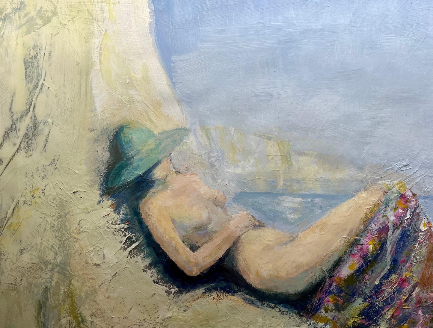 Contemporary Tranquil Nude Sunbather Oil Painting in Gold Frame