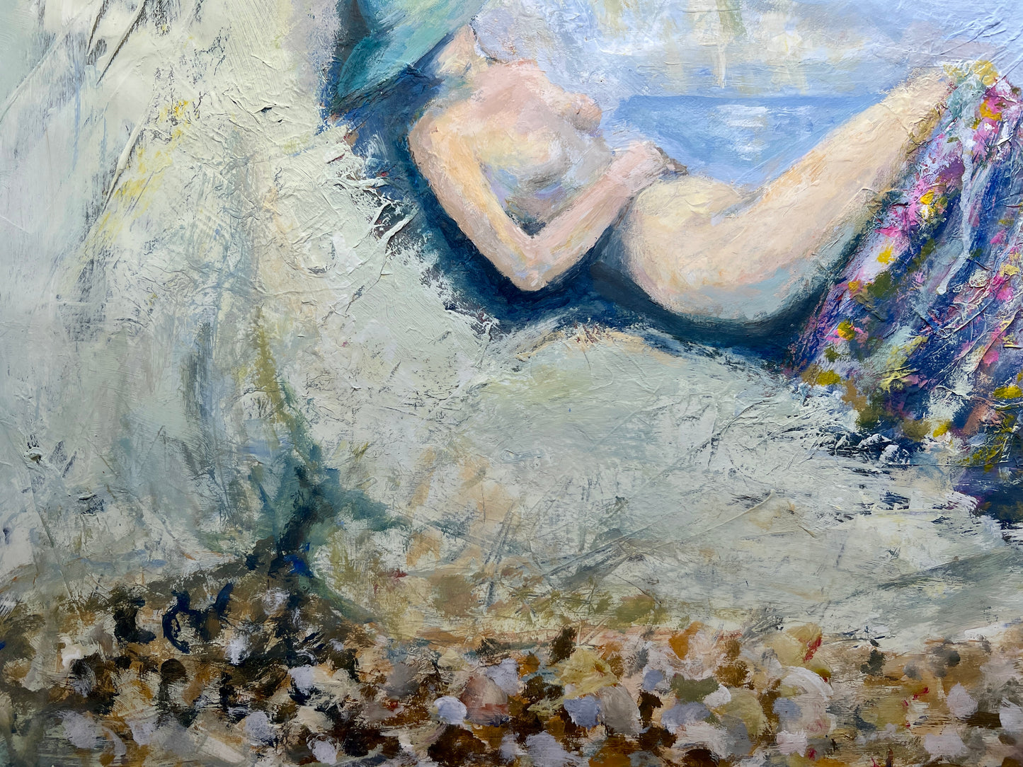 Contemporary Tranquil Nude Sunbather Oil Painting in Gold Frame