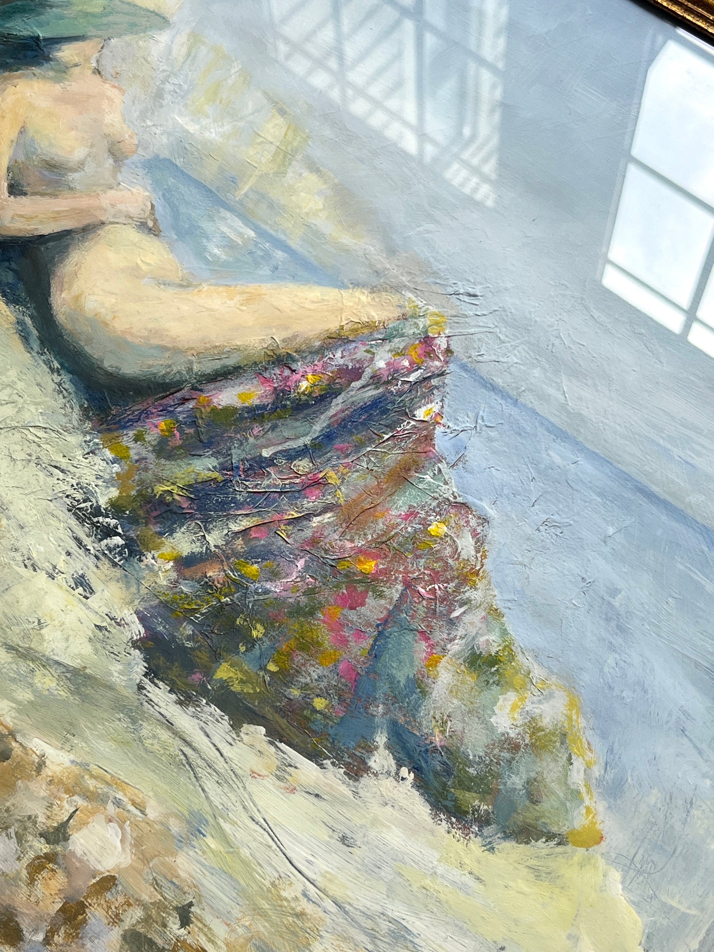 Contemporary Tranquil Nude Sunbather Oil Painting in Gold Frame