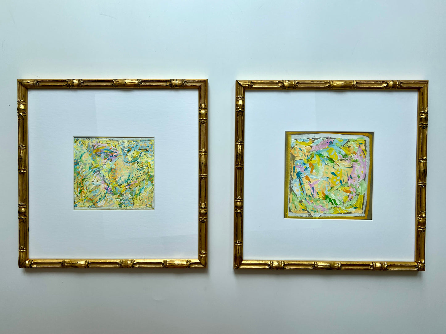 Vintage Colorful Abstract Oil Painting #7 in Light Gold Bamboo Frame