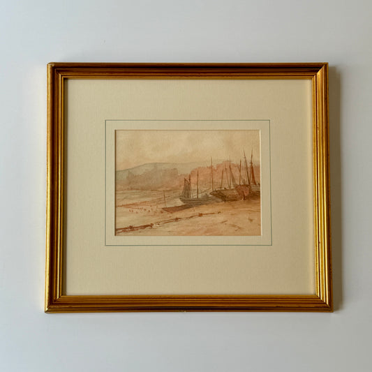 Henry Eyre Antique Watercolor Beach Scene Fishing Boats at Sunset in Gold Frame