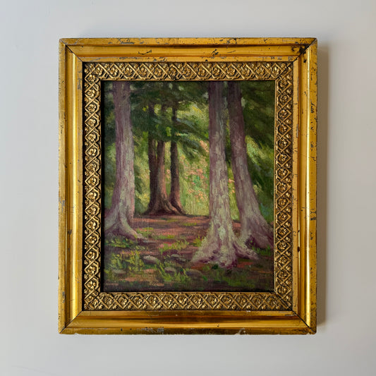 Early 20th Century American California Impressionist Wooded Landscape Oil Painting in Lemon Gilt Frame
