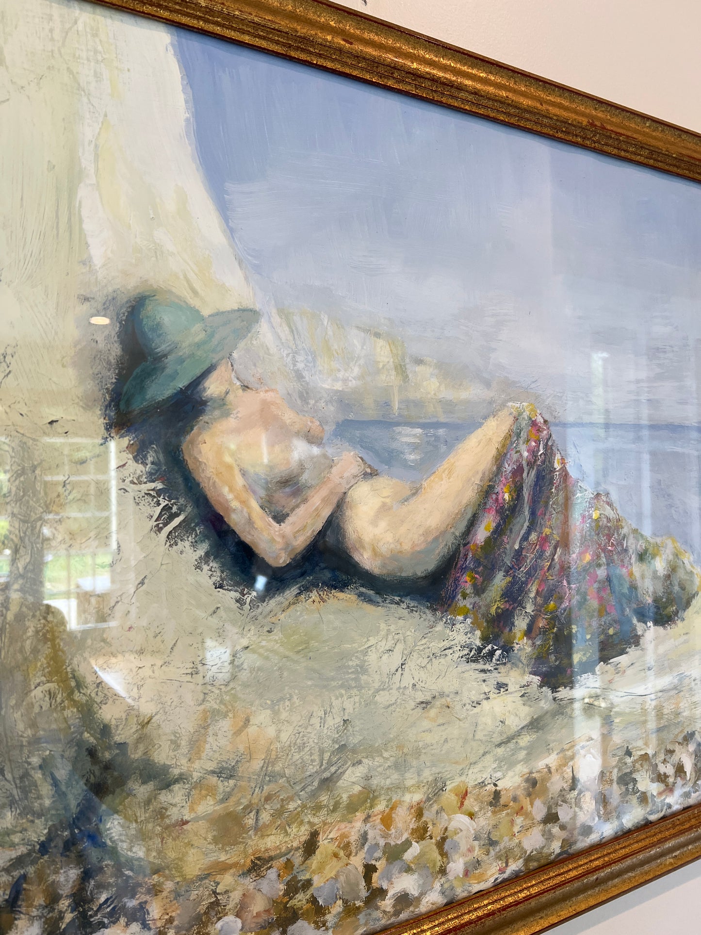 Contemporary Tranquil Nude Sunbather Oil Painting in Gold Frame